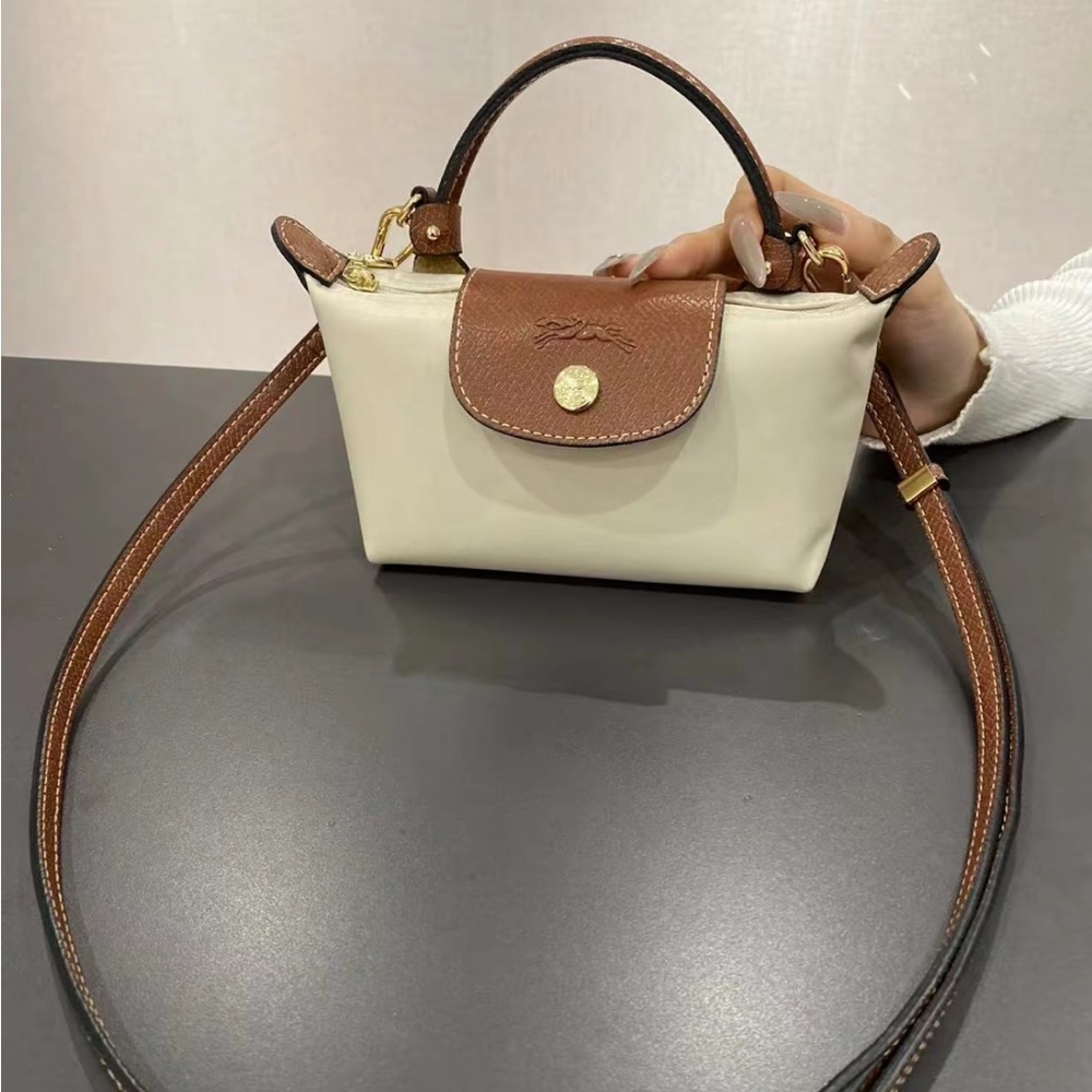 Longchamp Le Pliage Mini Top Handle Crossbody Bag Ivory with Brown Leather Trim